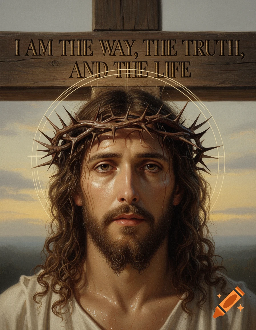 Realistic portrait of Jesus with a crown of thorns and a halo, tears on his face, against a wooden cross reading 'I AM THE WAY, THE TRUTH, AND THE LIFE'.