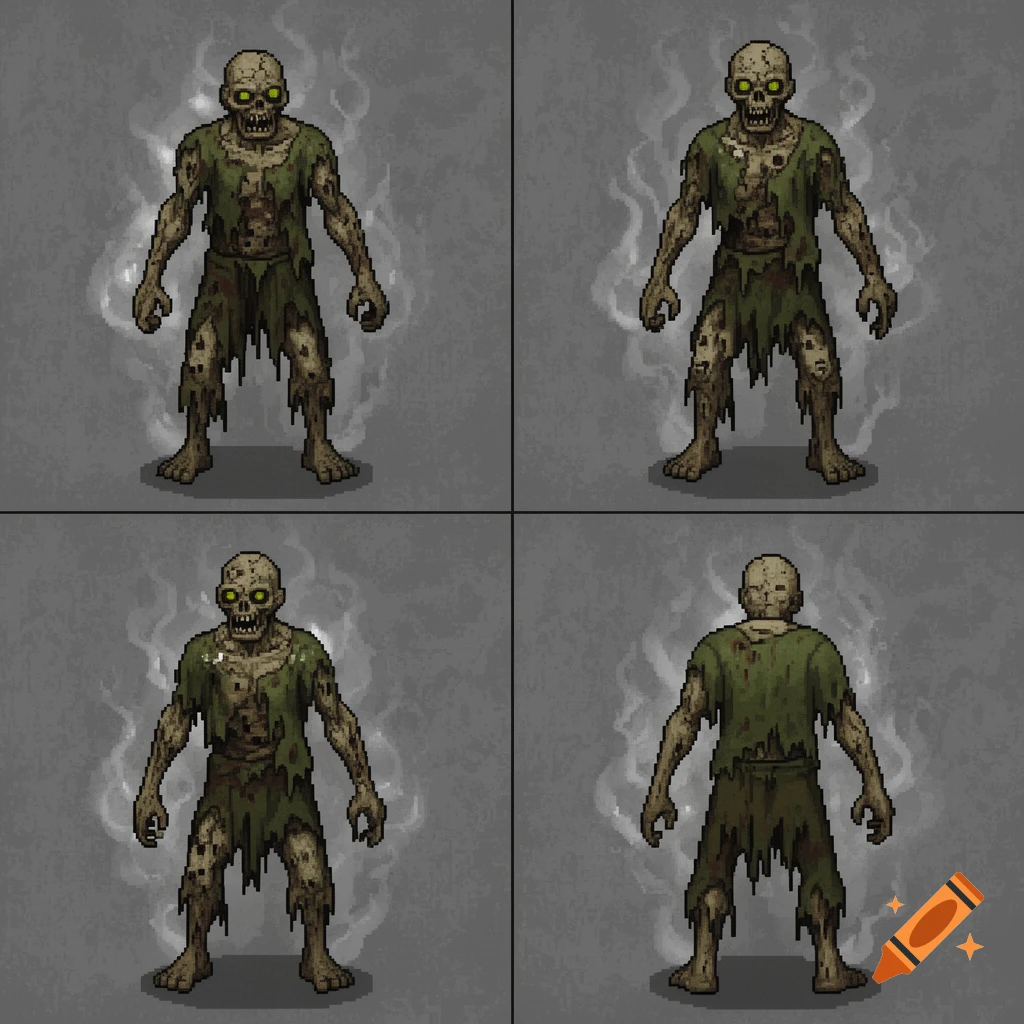 Four pixel art zombie sprites, each featuring a decomposing figure with green eyes and torn clothes, against a smoky grey background.