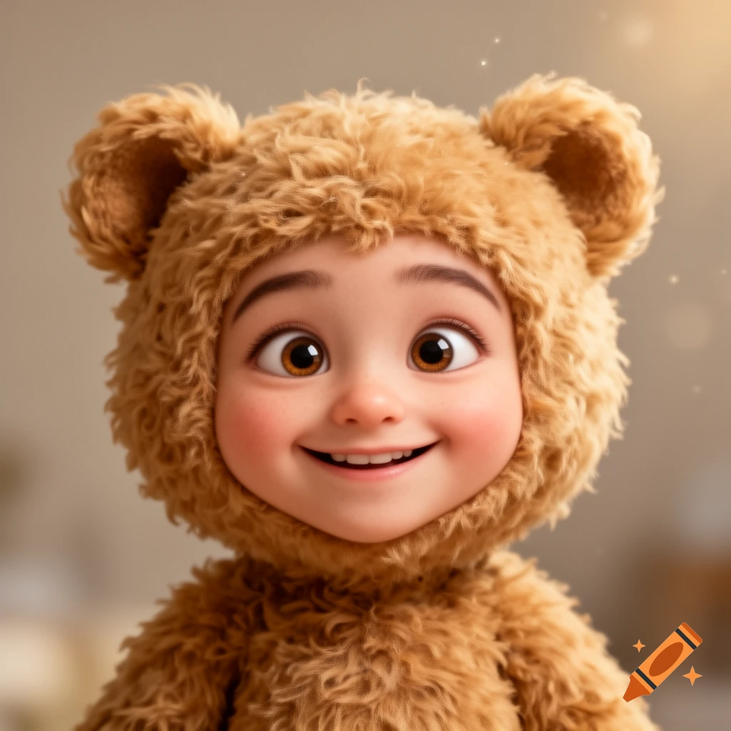 A close-up, animated portrait of a smiling child in a fluffy brown teddy bear costume with round ears and big brown eyes.