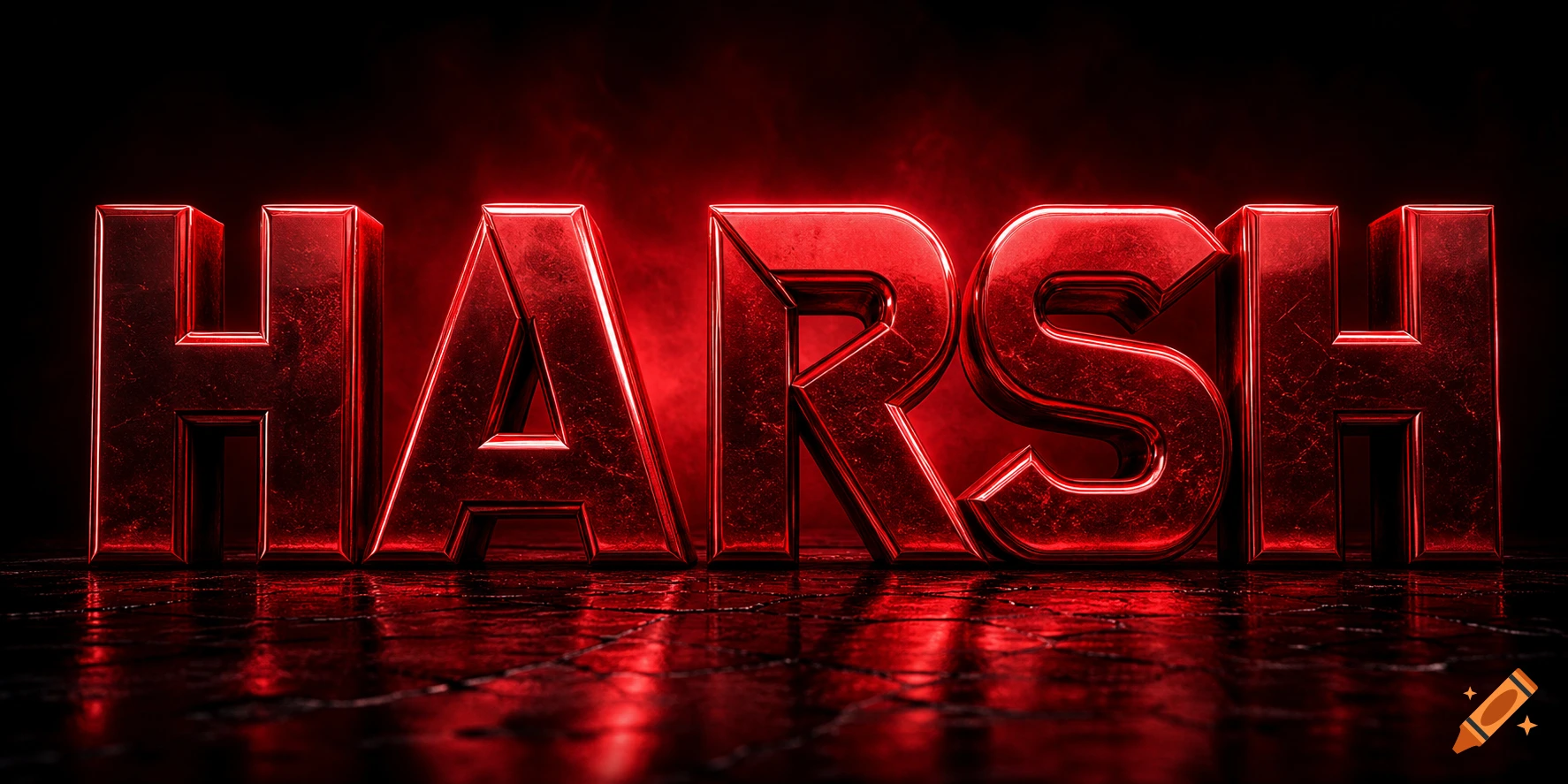 Bold, metallic red 3D text spelling HARSH with glowing edges, reflecting on a dark, wet surface.