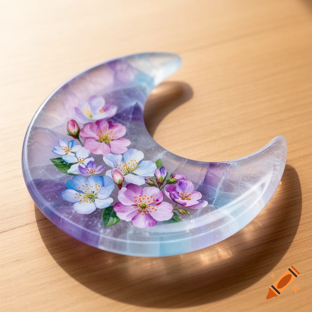 A translucent purple and blue crescent moon-shaped dish, painted with pink, purple, and white flowers, rests on a wooden surface.