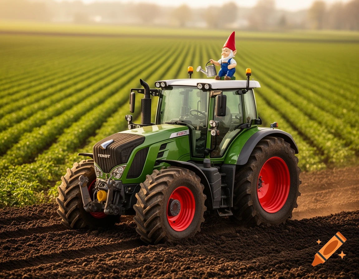 A photorealistic image of a green Fendt tractor with a garden gnome holding a watering can on its roof, in a vibrant green crop field.