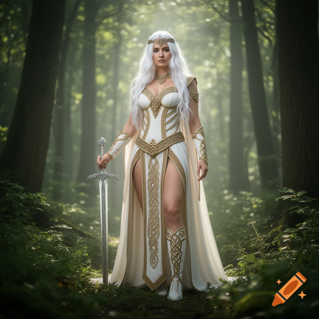 A white-haired forest goddess in white and gold Viking-style armor, holding a sword in a misty forest.