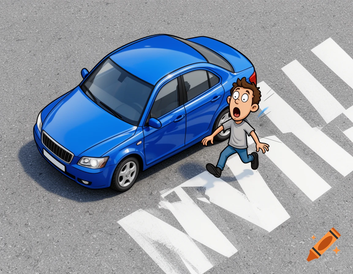 A top-down cartoon drawing of a startled pedestrian running across a crosswalk with a blue car approaching on an asphalt road.