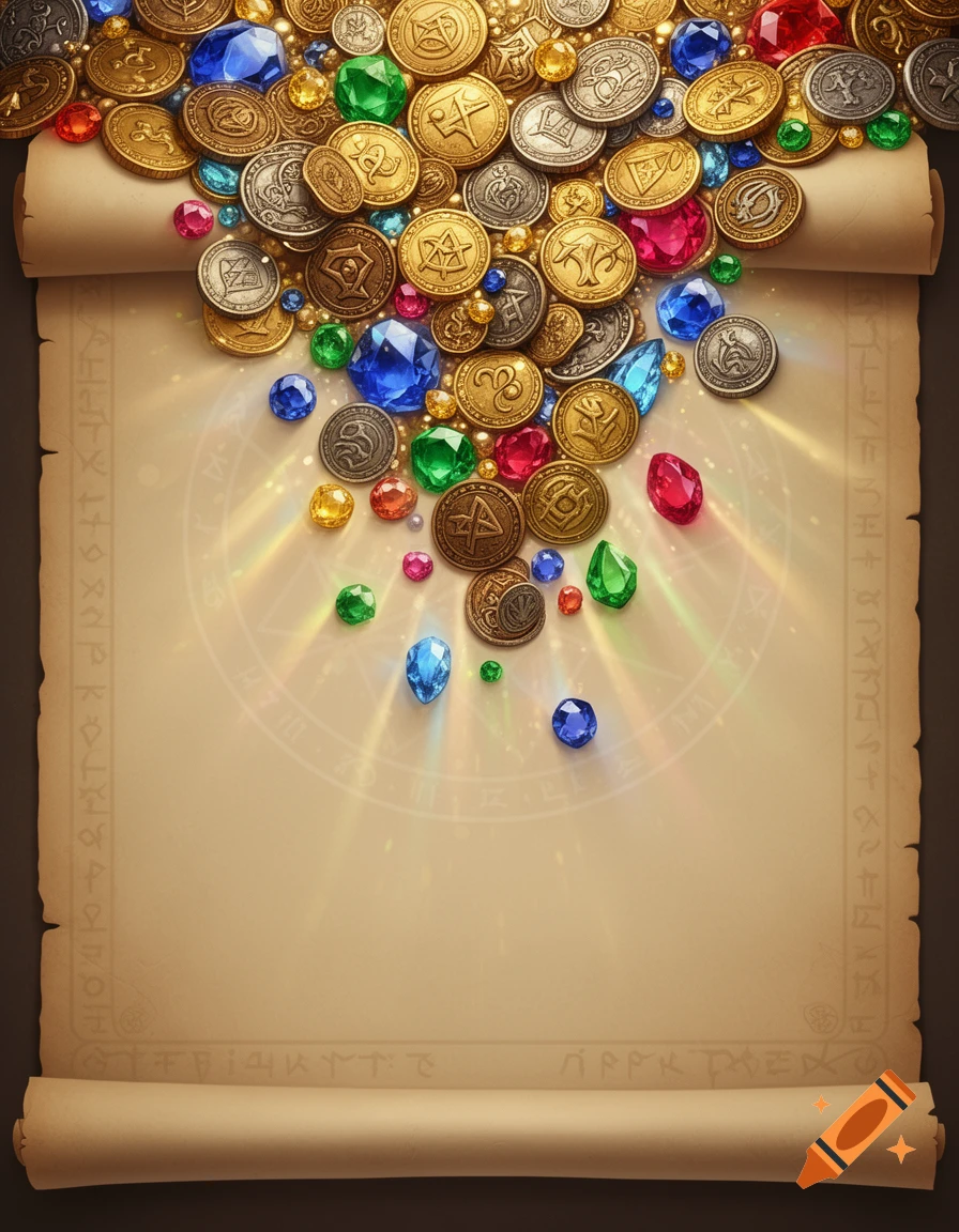 A medieval-style scroll partially covered with gold and silver coins and sparkling colorful jewels, with space for text below.
