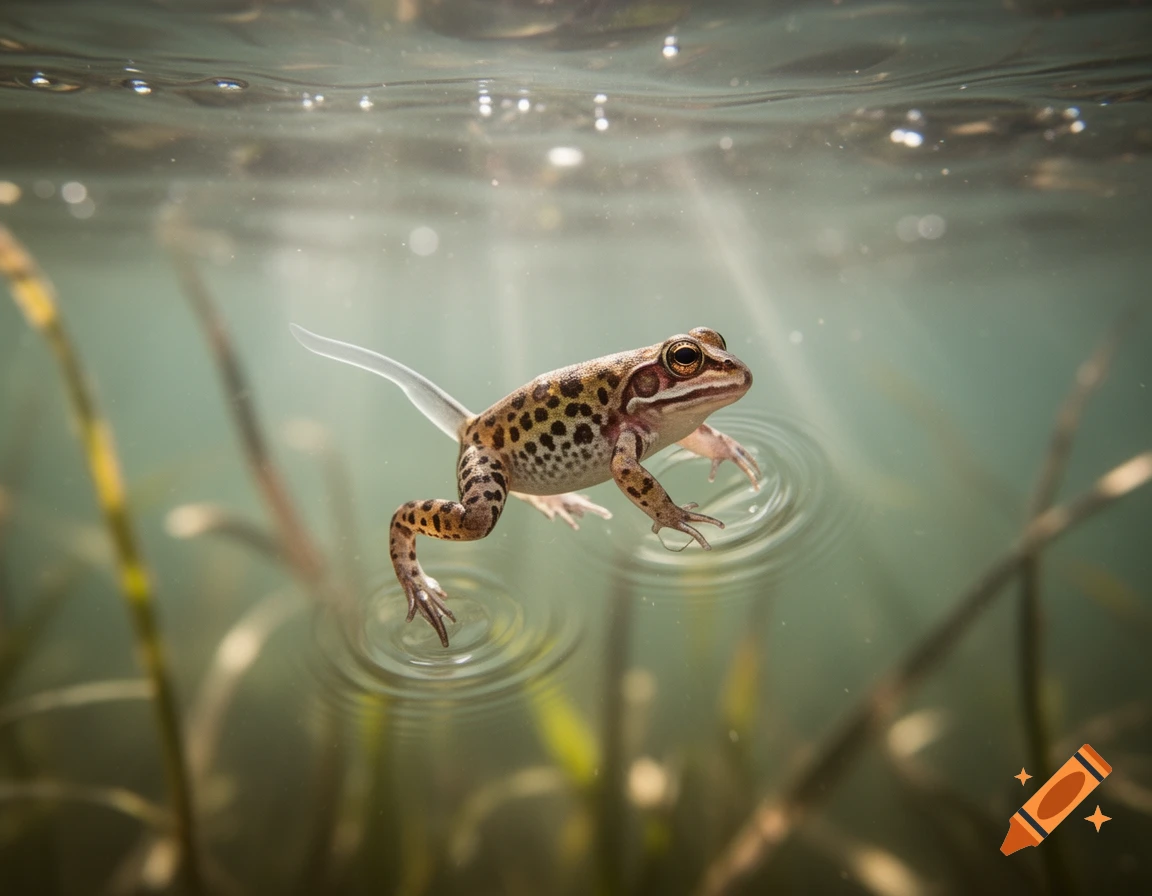 Photorealistic image of a froglet with a tail and hind legs, floating on clear water with ripples, light rays, and underwater plants.