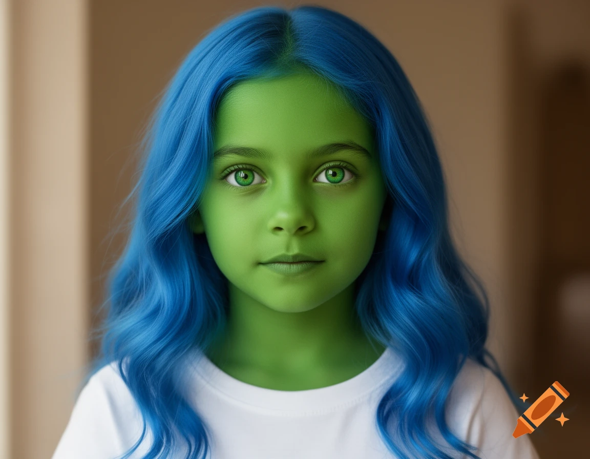Close-up portrait of a green-skinned girl with green eyes and wavy blue hair, wearing a white t-shirt.