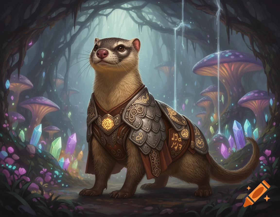 A proud mongoose wearing ornate fantasy barding stands in a magical forest filled with glowing mushrooms and crystals.