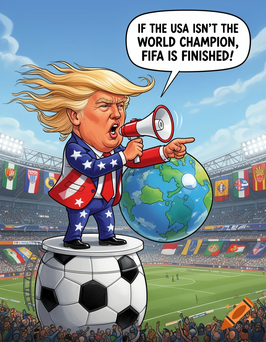 Caricature of Donald Trump in a soccer stadium, standing on a giant soccer ball next to a globe, shouting into a megaphone 'IF THE USA ISN'T THE WORLD CHAMPION, FIFA IS FINISHED!'