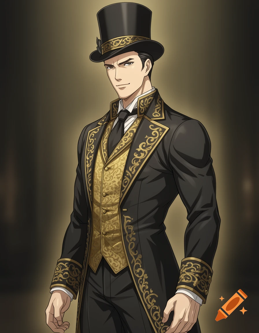 A confident anime man in a black and gold formal suit with intricate patterns and a top hat.