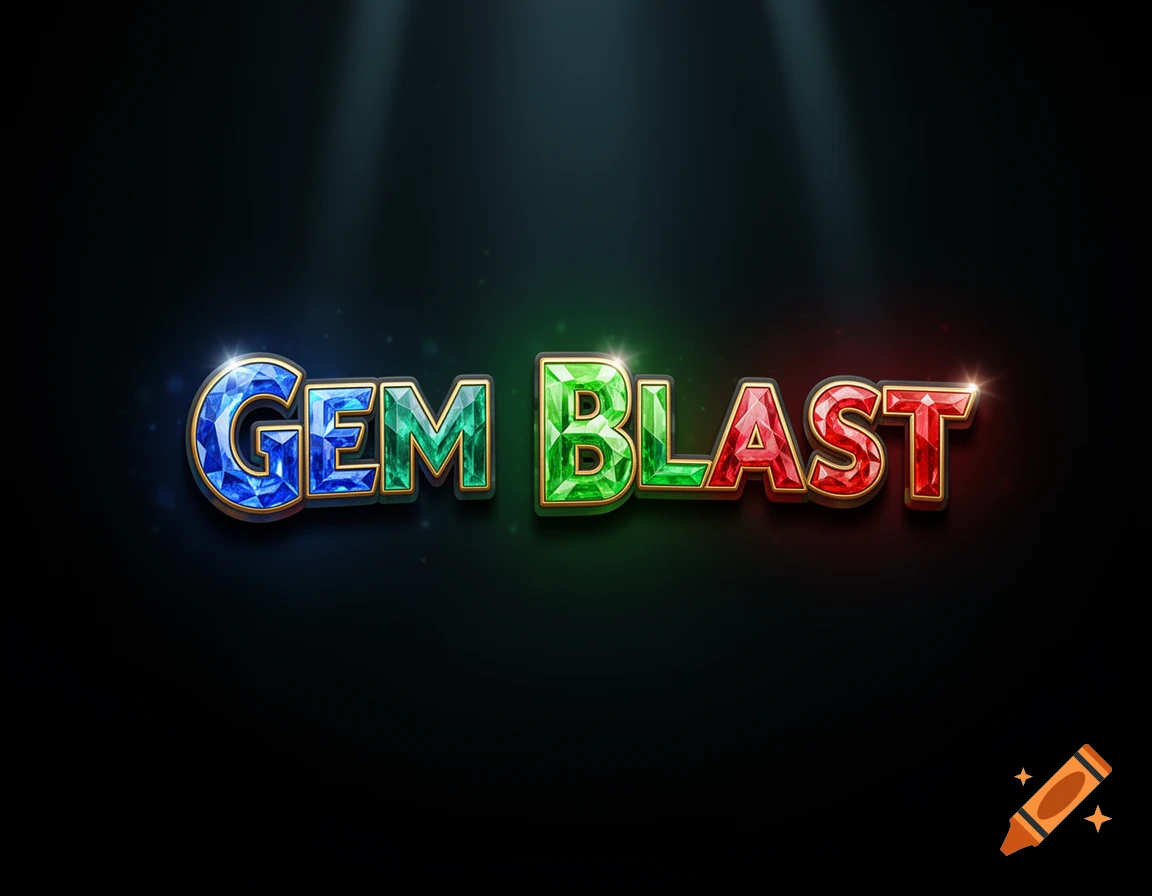 A shiny 'GEM BLAST' logo with gem-encrusted letters in blue, green, and red on a dark background.