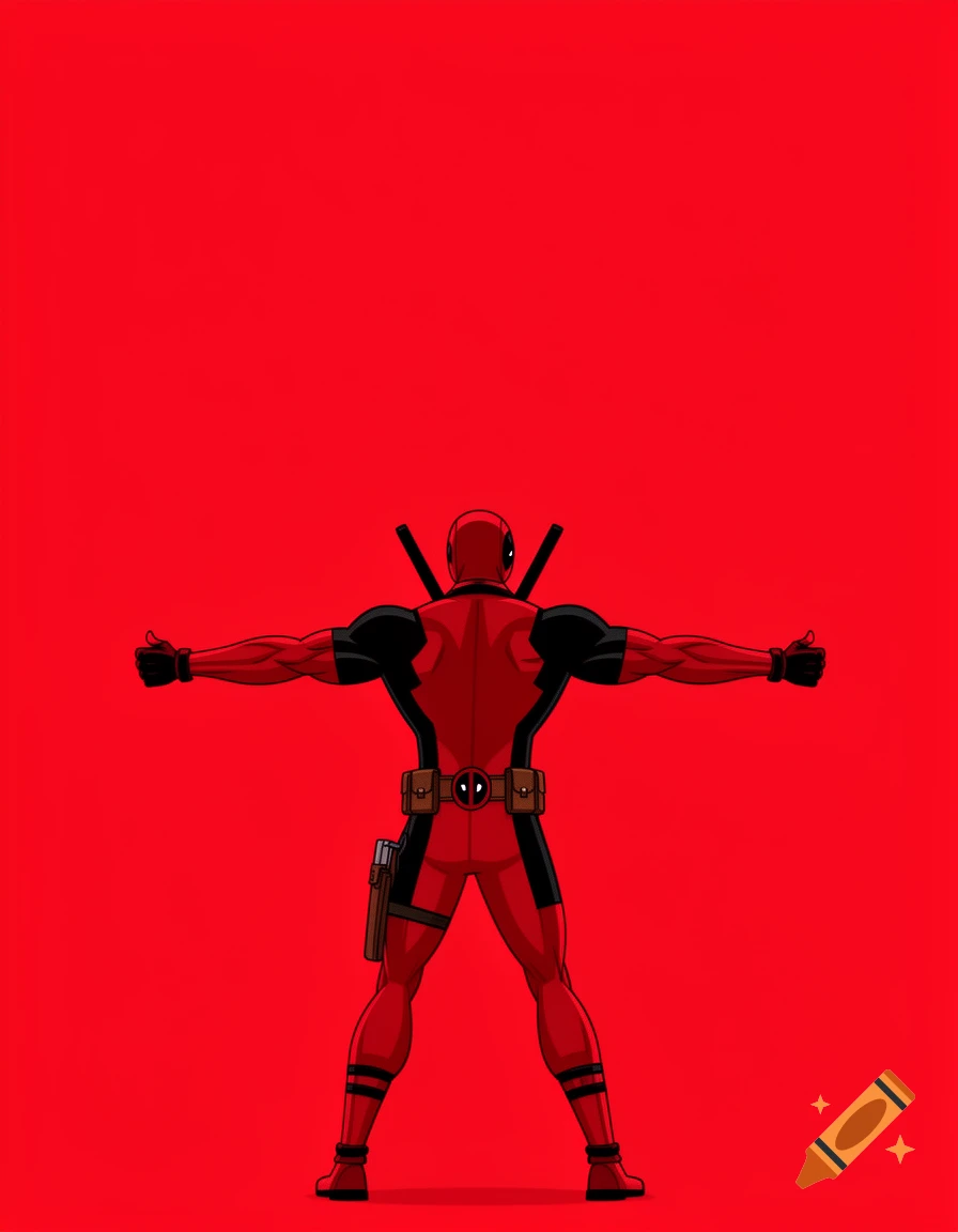 A cartoon illustration of Deadpool from behind, arms outstretched, against a solid red background.