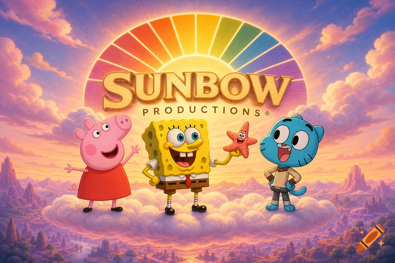 Peppa Pig, Spongebob holding Patrick, and Gumball stand on clouds over a fantasy landscape beneath a colorful 'SUNBOW PRODUCTIONS' logo.