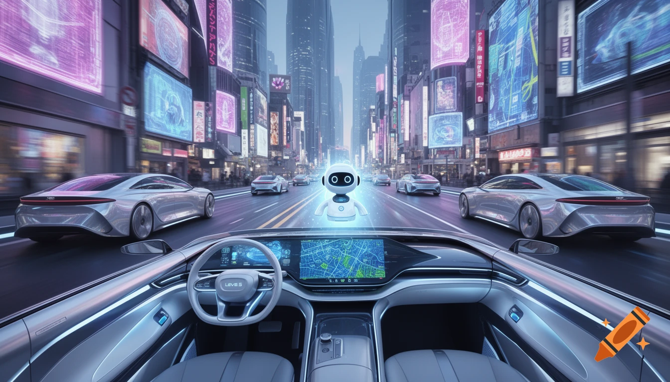 View from inside a self-driving car in a futuristic city at dusk, showing a glowing holographic robot on the dashboard, surrounded by sleek autonomous vehicles and neon-lit skyscrapers.