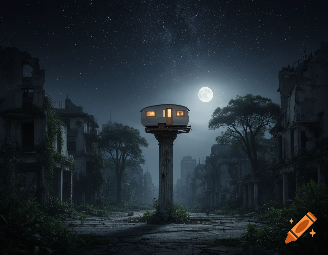 A glowing caravan on a tall pillar in a ruined city at night, under a full moon and starry sky.