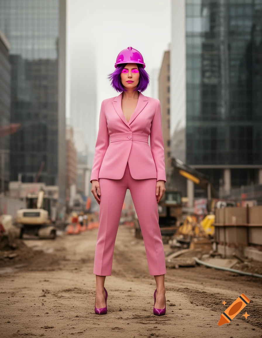 A woman in a pink suit, magenta hardhat, and purple hair stands on a construction site with city buildings behind her.