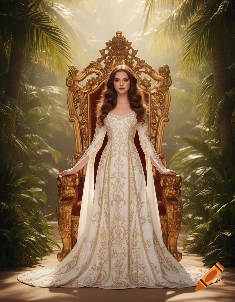 Princess in a white and gold gown with long brown wavy hair sits on an ornate gold throne in a tropical setting.