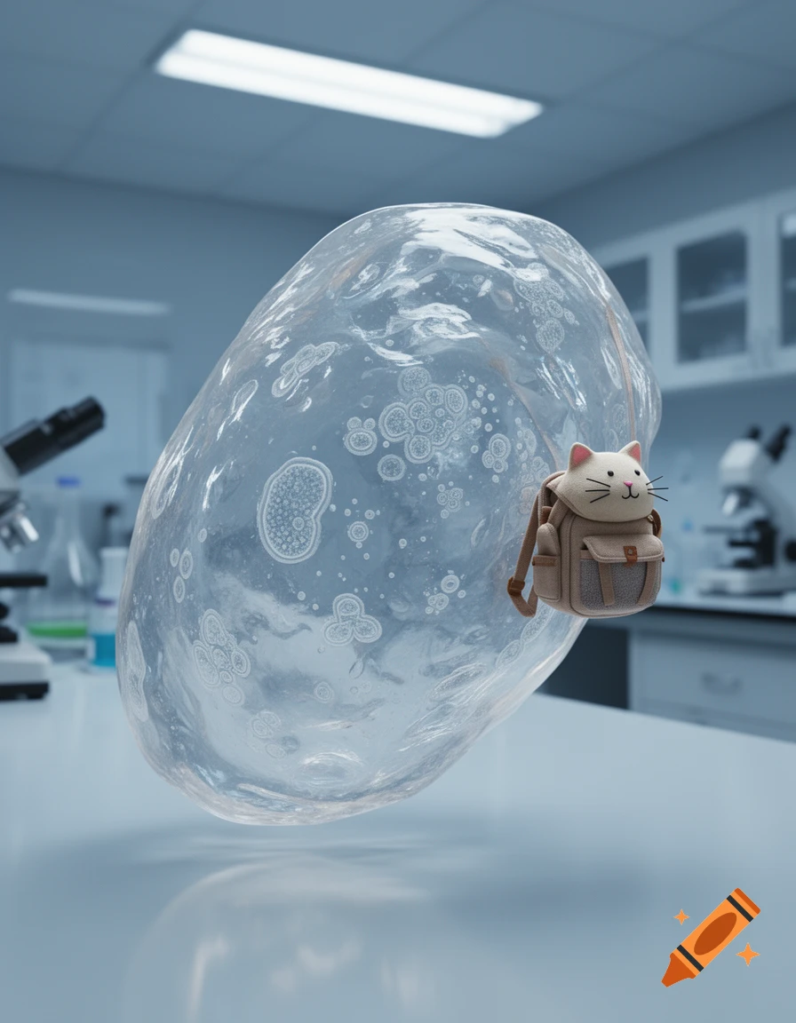 A large translucent amoeba with a cute cat backpack in a science laboratory.