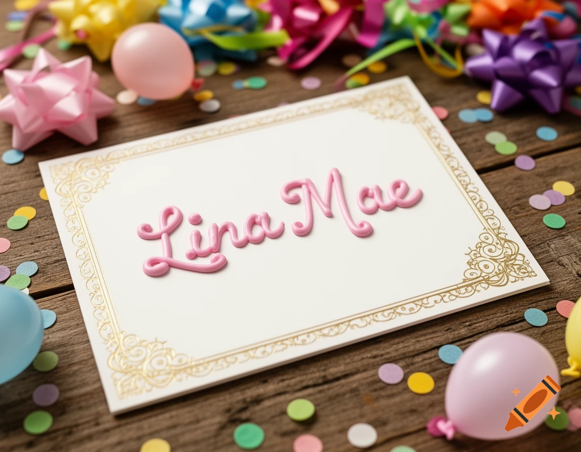 Photorealistic image of a birthday card with 'Lina Mae' in pink icing, surrounded by colorful party confetti, bows, and balloons on a wooden table.