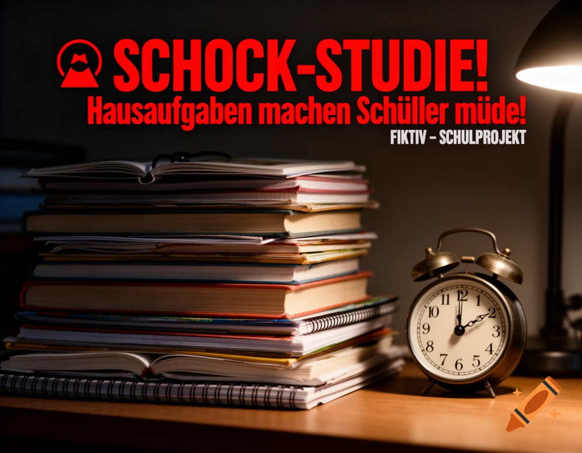 A stack of books, a vintage alarm clock, and a lit desk lamp on a dark wooden desk with red German text about a 'shock study' on homework.
