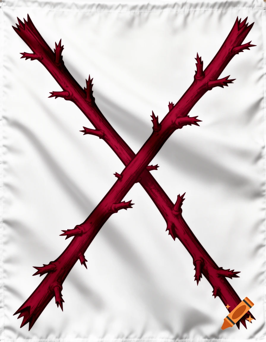 A white flag with a red Cross of Burgundy symbol, depicting two thorny, gnarled branches crossed in an X.
