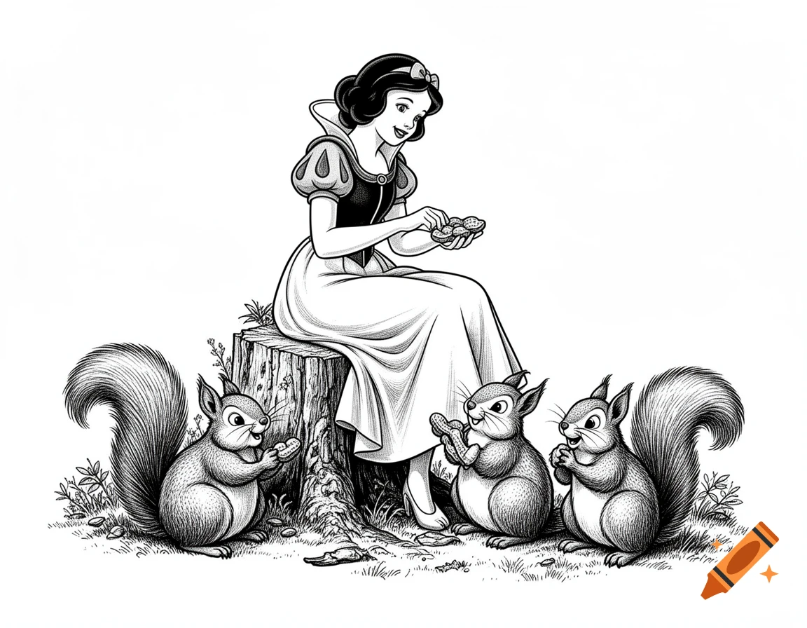 Snow White sitting on a tree stump, feeding peanuts to three squirrels, in a black-and-white vintage storybook engraving style.