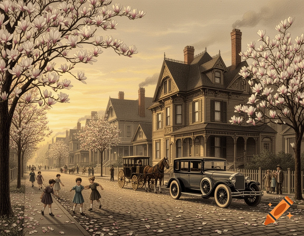 Vintage illustration of an early 1900s residential street with playing children, Victorian houses, a vintage car, and blooming magnolia trees.