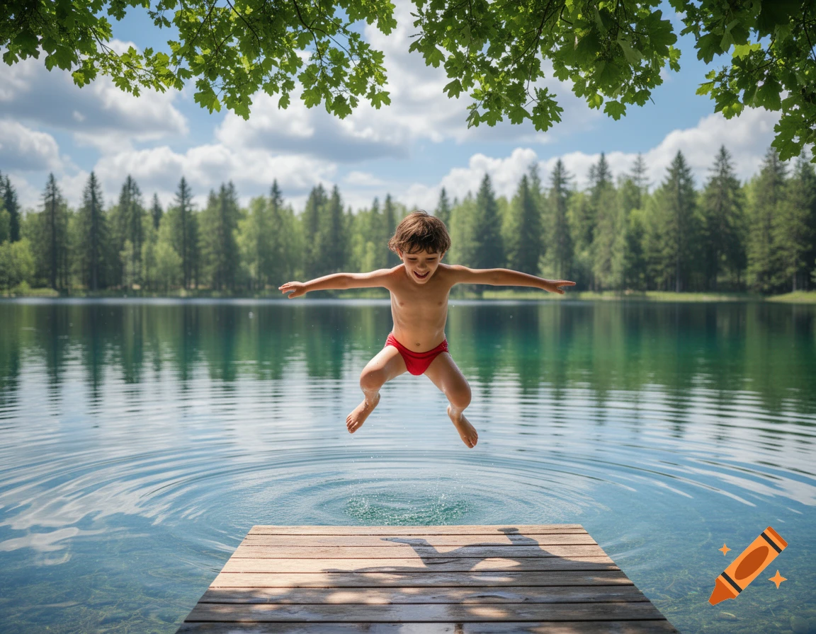 A brown-haired boy in red swim briefs jumps happily from a wooden dock into a clear blue lake surrounded by green trees under a sunny sky.