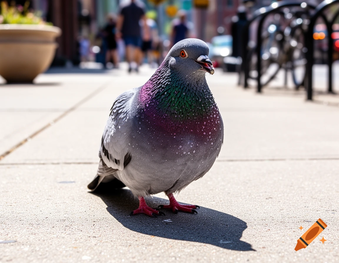 A pigeon with iridescent green and purple feathers on its neck stands on a sunny city sidewalk, with blurred people and buildings in the background.