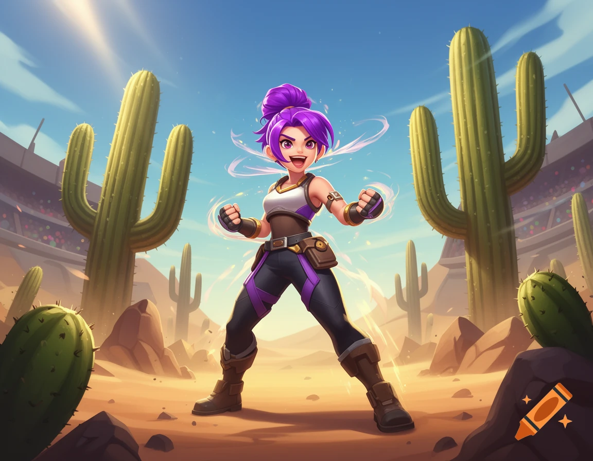 A determined purple-haired cartoon female fighter stands heroically in a desert arena surrounded by large cacti, in a vibrant, dynamic style.