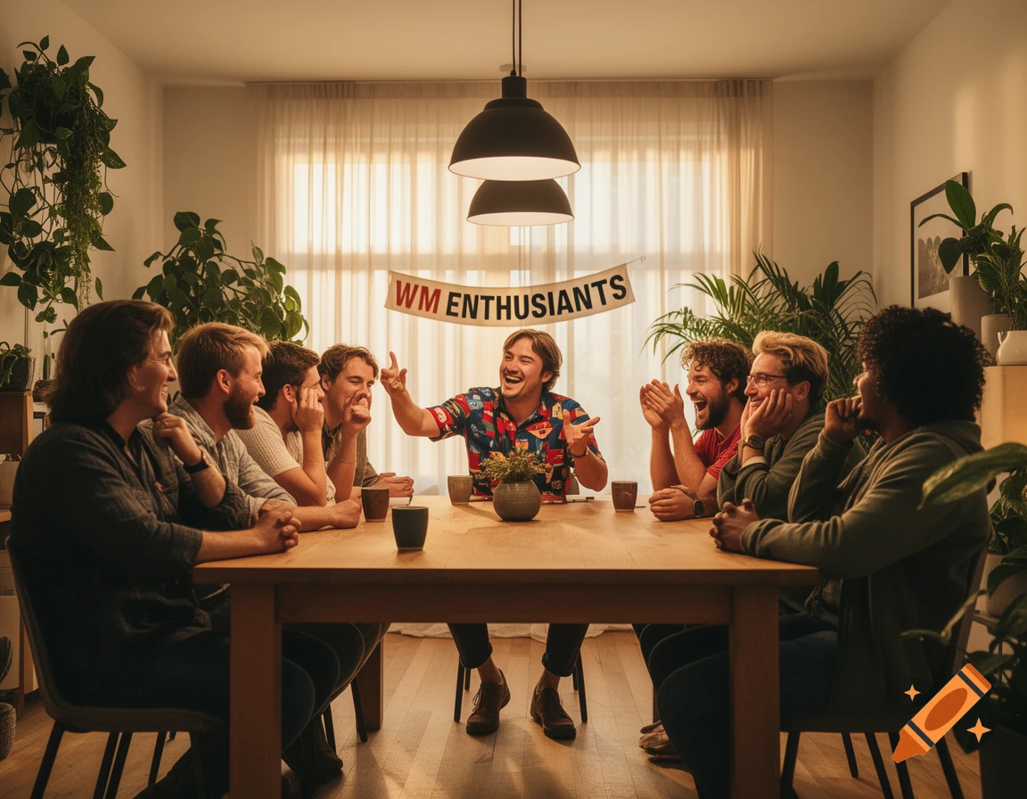 A group of men laughing around a wooden table indoors under warm light, surrounded by plants. A banner reads 'WM ENTHUSIANTS'.