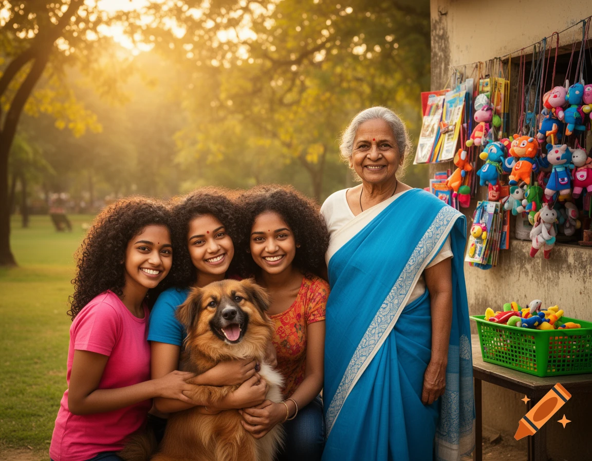 Four smiling women, one in a blue sari, pose with a fluffy dog in a sunny park with a shop stall full of toys in the background.