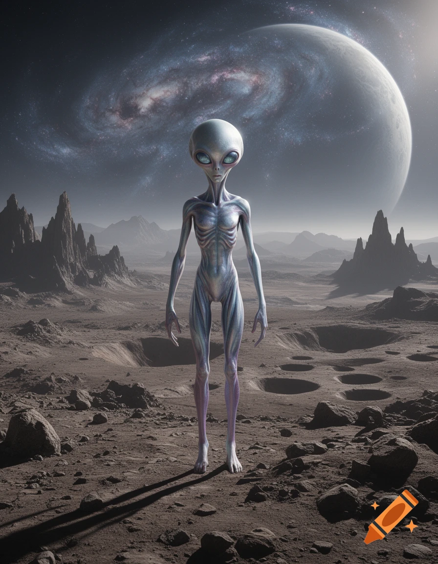 A tall, slender grey alien stands photorealistically on a desolate, rocky planet surface under a large moon and galaxy.