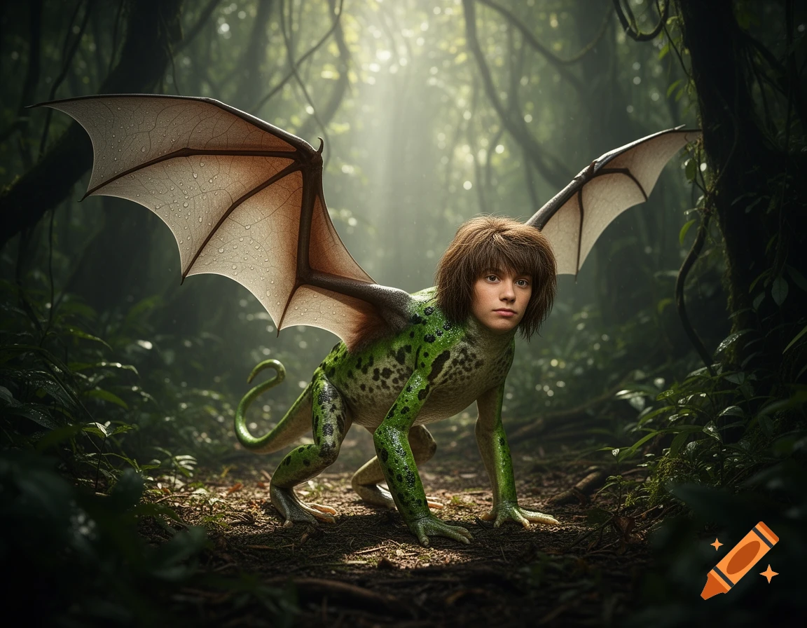 A bipedal chimera creature with a human face, green spotted skin, and large bat wings crouches on a jungle floor.