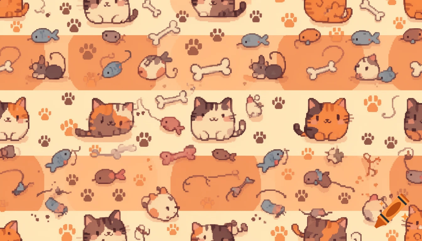 Adorable round pixel art tabby and calico cats, fish bones, mouse toys, and paw prints in a warm-colored tiled pattern.