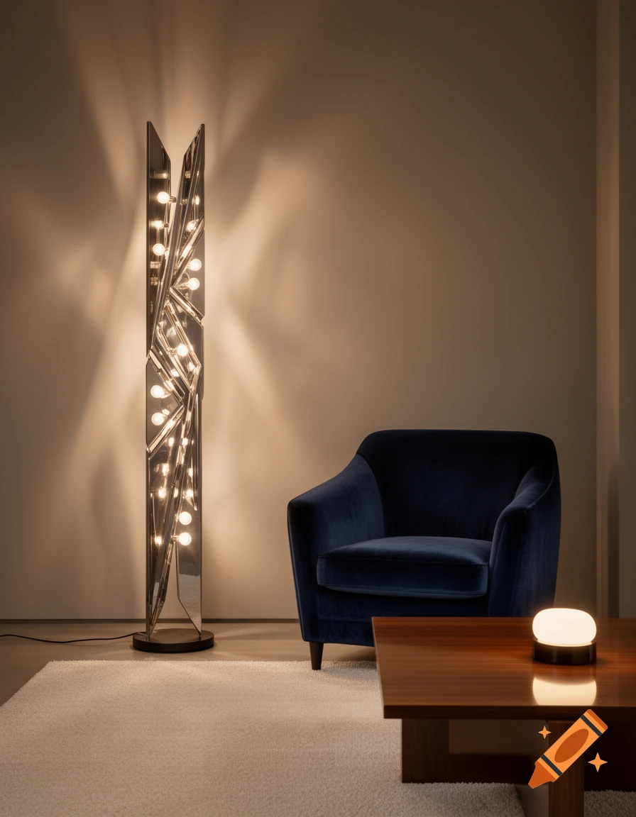 A tall, modern floor lamp illuminates a dark blue armchair and a wooden coffee table with a small lamp on a white rug.
