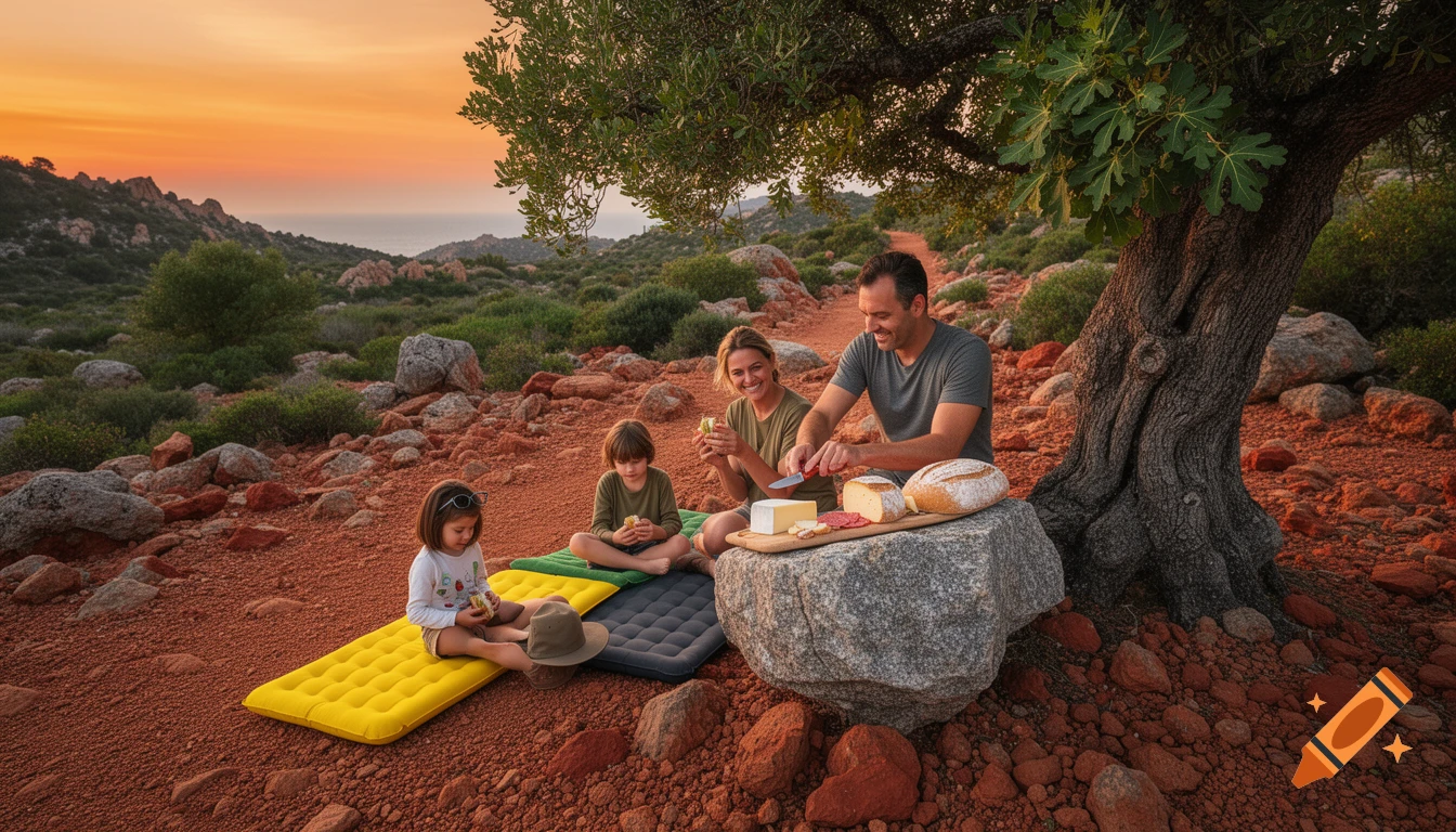 A family of four, two adults and two children, enjoys a picnic on a rocky, reddish landscape with green bushes and a large tree, under a warm sunset sky. They sit on camping mats while the father cuts food on a stone.