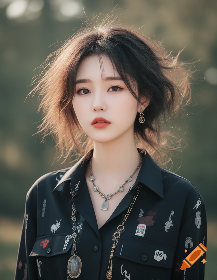 A young Asian woman with messy dark hair, wearing a black patterned shirt and layered necklaces, looking directly at the camera in an outdoor setting.