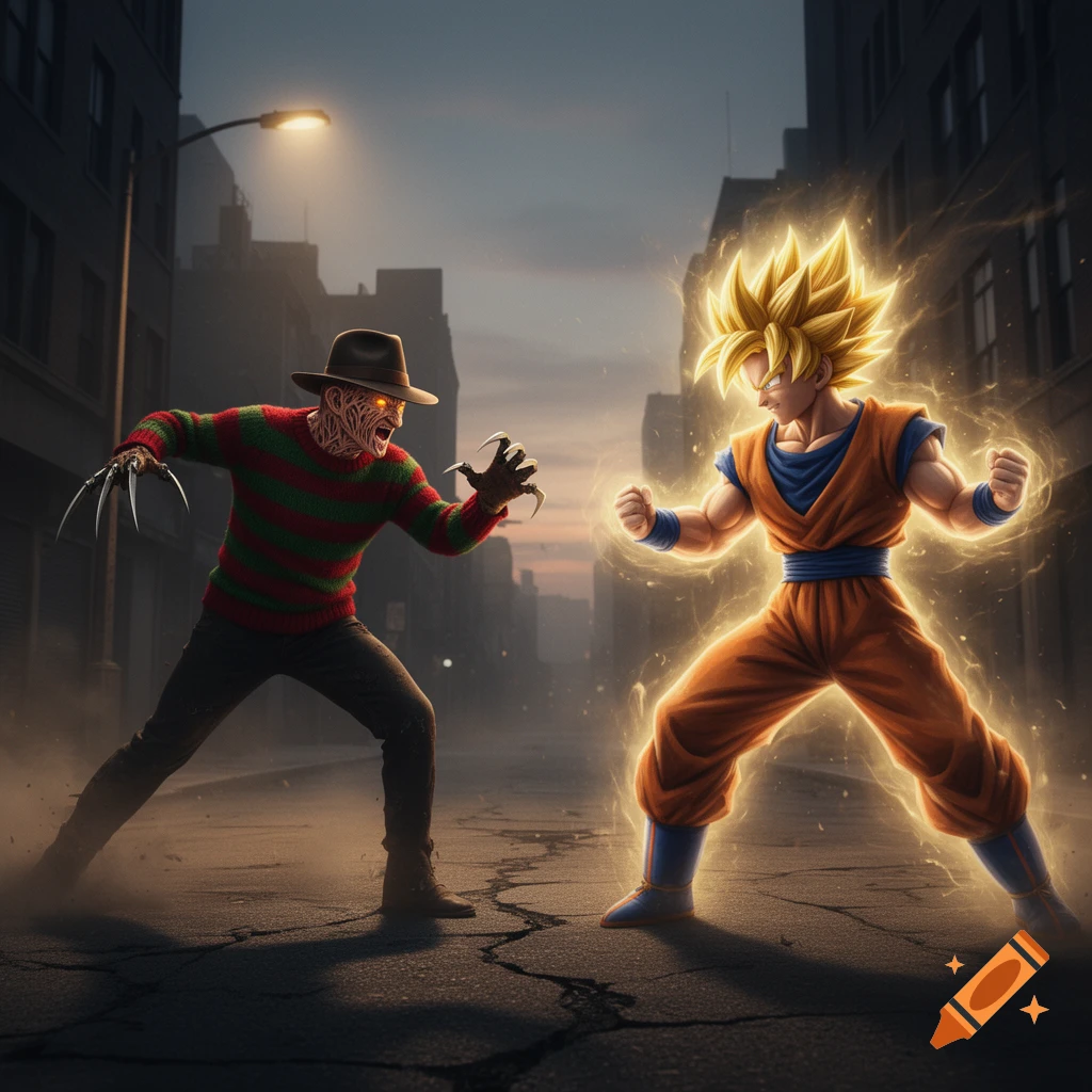 Freddy Krueger and Goku face off in a city street at dusk, Goku glowing with energy.