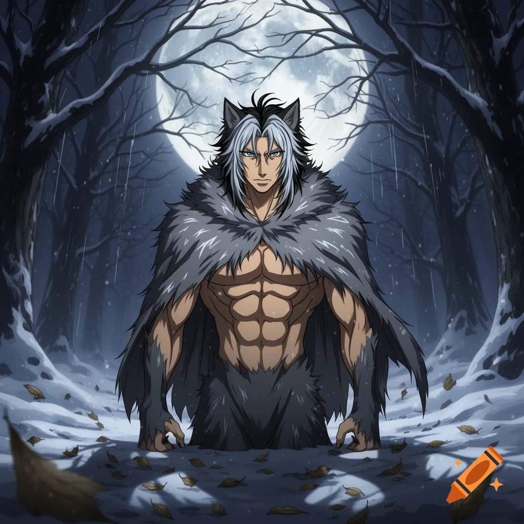 A muscular anime man with wolf ears and a fur cape stands in a snowy, dark forest under a full moon.