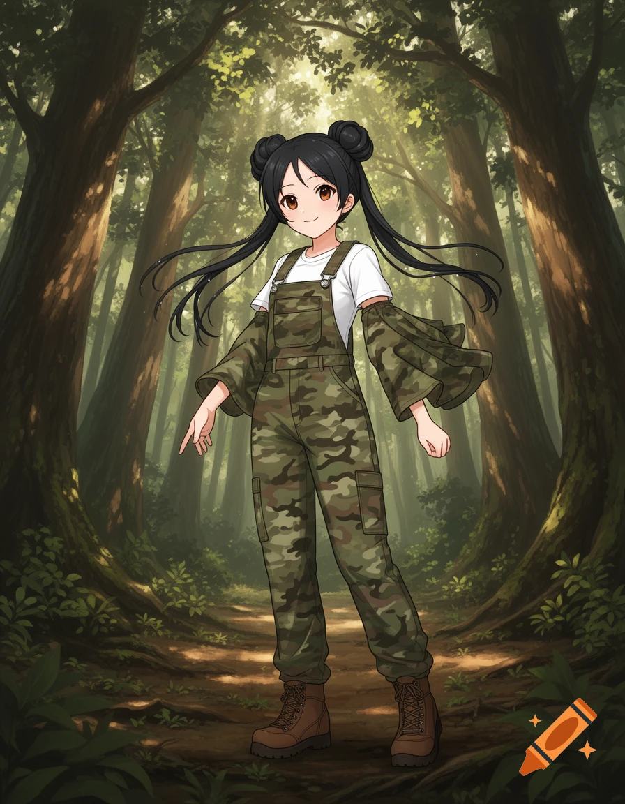 Anime girl with black hair in space buns wearing camouflage overalls, a white t-shirt, and hiking boots, standing in a sunny forest.