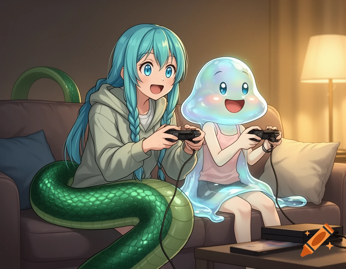 Naga girl and slime girl in anime style play video games on a sofa.