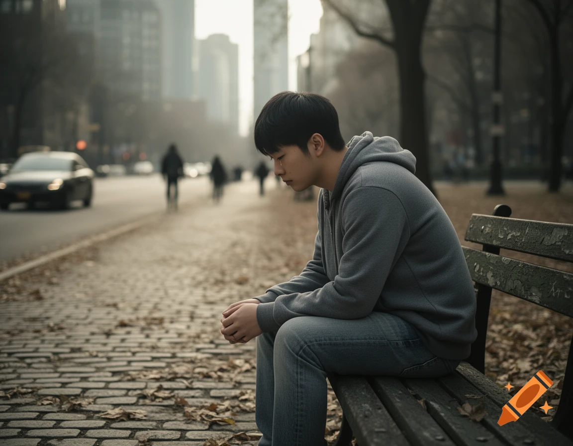 A sad young man with dark hair sits alone on a weathered park bench in a somber urban park, appearing to cry.