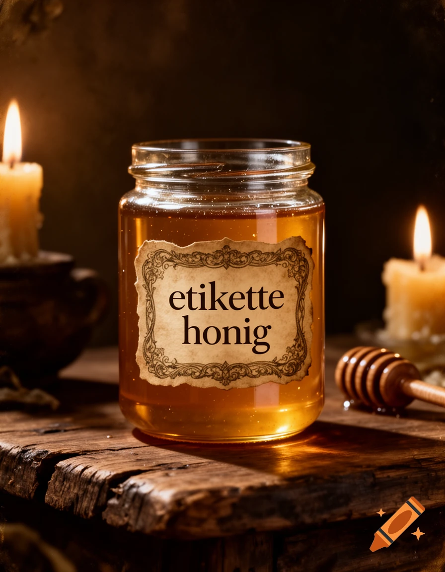 A glass jar of honey with a 'etikette honig' label, a wooden honey dipper, and two lit candles on a rustic wooden table.