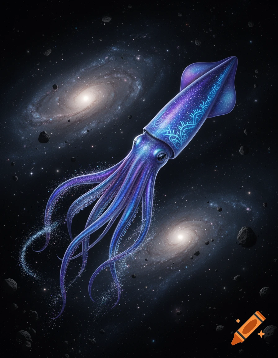 A vibrant, glowing purple and blue squid with intricate patterns floats in a dark starry cosmic space with galaxies and asteroids.