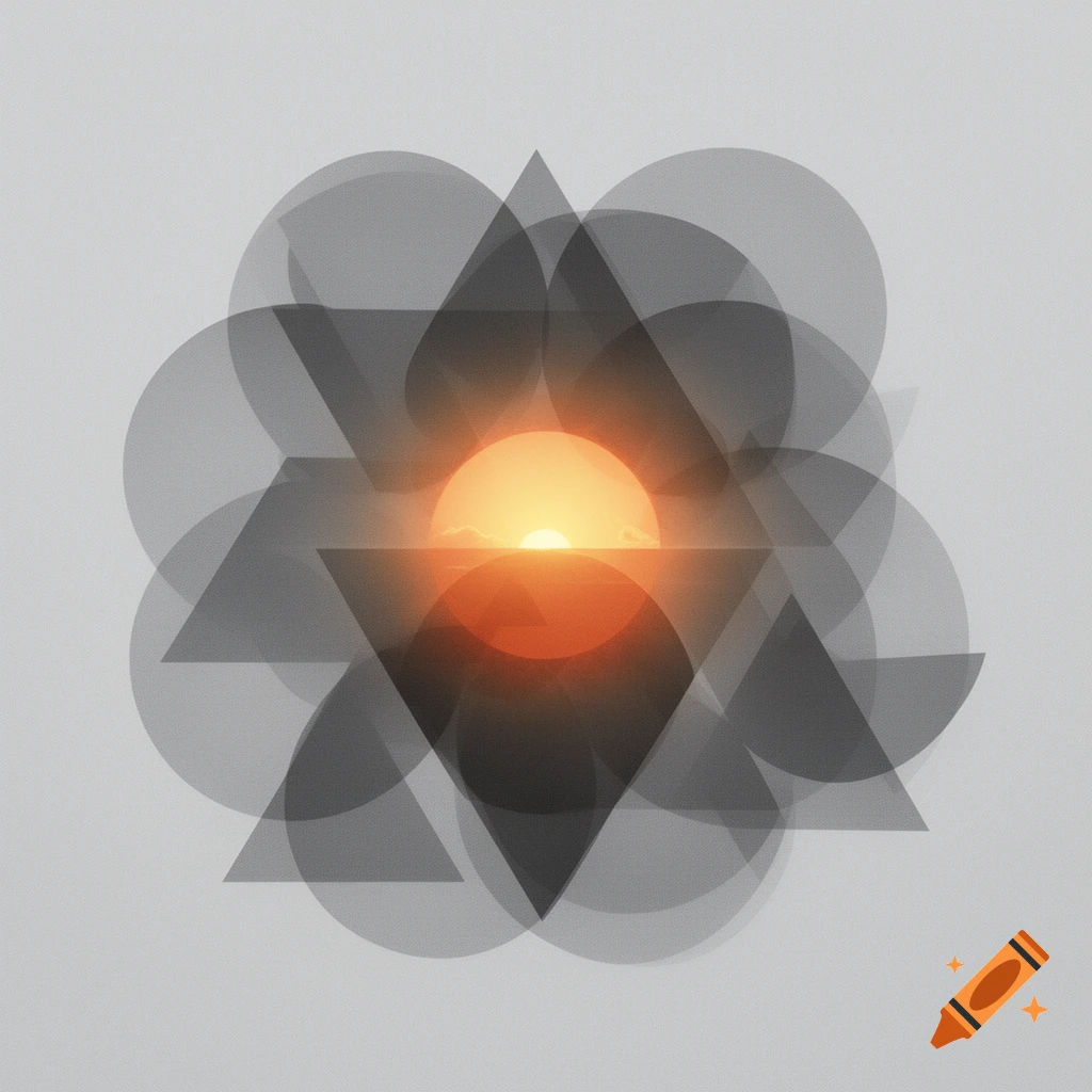 Abstract geometric art with overlapping grey circles and triangles centered around a bright orange sun.