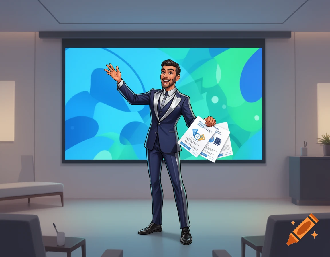 A cartoon man in a suit gives a presentation, holding handouts, in a modern meeting room with a large screen.