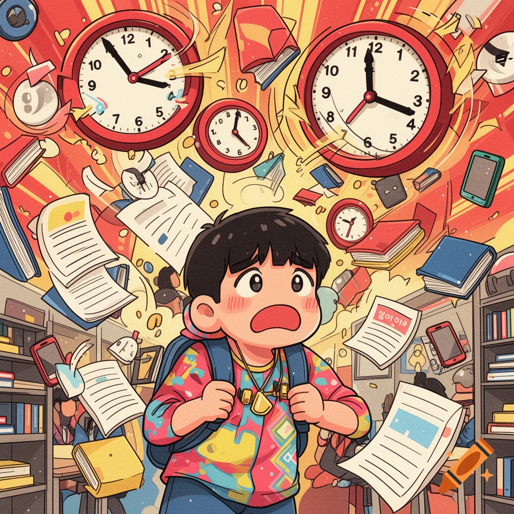 A distressed student in a colorful shirt and backpack is overwhelmed by falling books, papers, and clocks in an anime style.