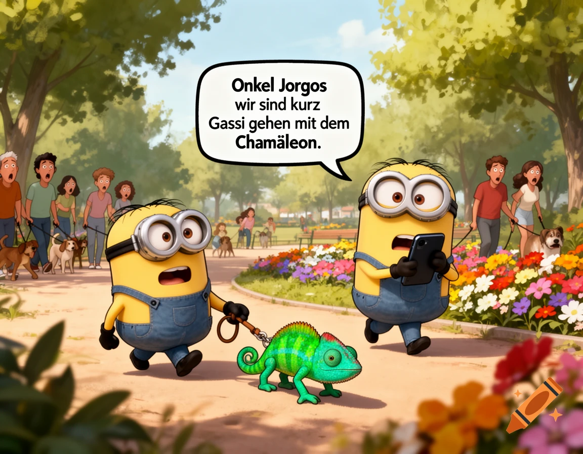 Two cartoon Minions in a park, one walking a chameleon, the other on a phone. Surprised people with dogs in the background.