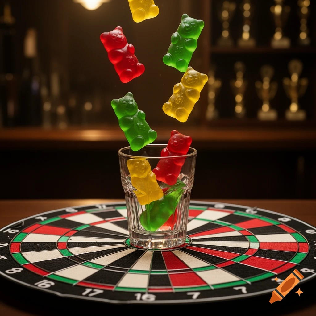 Red, green, and yellow gummy bears fall into a shot glass on a dartboard in a dimly lit bar.